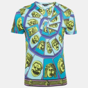 Versace Blue Le Maschere Print Jersey Taylor Fit T-Shirt S, Shirts & Tops - Luxury Closet
