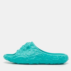 Versace Turquoise Blue Baroque Medusa Embossed Rubber Pool Slides Size 43, Sandals - Luxury Closet