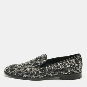Versace Black/Silver Leather Crystal Embellished Slip On Loafers Size 45, Loafers & Slip-Ons - Luxury Closet