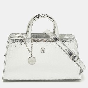 Aigner Cybill Stretch S Mini Silver Crackled Leather Satchel, Satchels - Luxury Closet