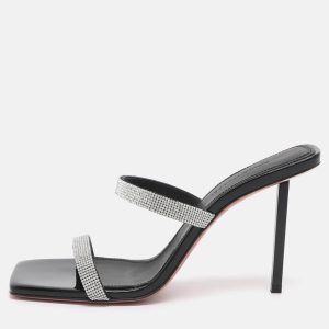 Amina Muaddi Rih Size 37.5 Silver/Black Glitter Slide Sandals, Sandals - Luxury Closet