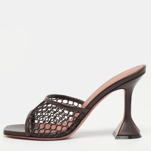 Amina Muaddi lupita Size 37.5 Brown Leather and Mesh Slide Sandals, Sandals - Luxury Closet