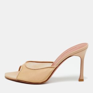 Amina Muaddi Alexa Size 35.5 Beige Leather and Net Slide Sandals, Sandals - Luxury Closet