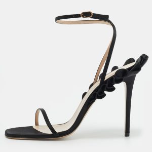 Andrea Wazen Rouches Size 39 Black Satin Ankle Strap Sandals, Sandals - Luxury Closet
