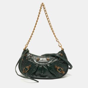 Balenciaga Le Cagole Chain Mini Green Croc Embossed Leather Crossbody Bag, Handbags - Luxury Closet