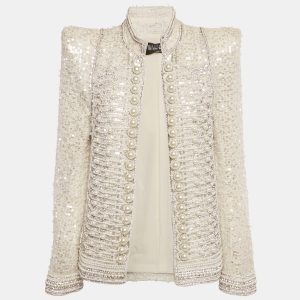Balmain Off White Tweed Embellished Open Front Jacket M, Coats & Jackets - Luxury Closet