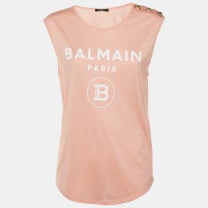 Balmain Peach Logo Applique Cotton Sleeveless T-Shirt M, Shirts & Tops - Luxury Closet