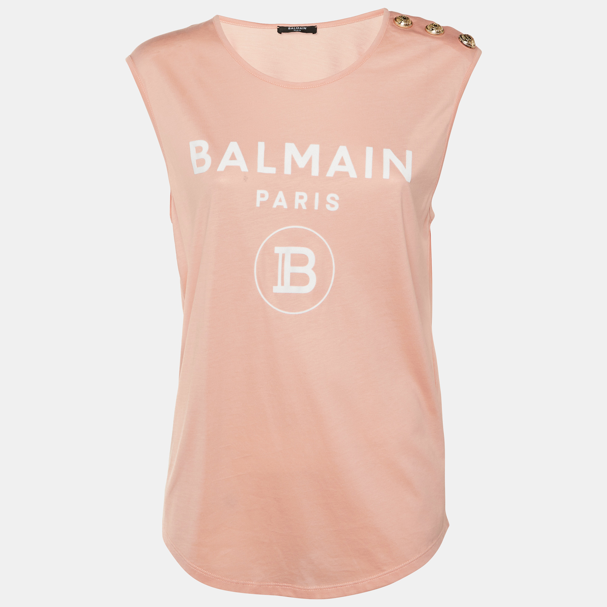 Balmain Peach Logo Applique Cotton Sleeveless T-Shirt M, Shirts & Tops - Luxury Closet