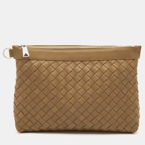 Bottega Veneta Brown Intrecciato Leather Oversized Zip Pouch, Handbags - Luxury Closet