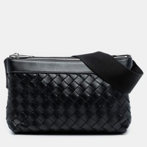 Bottega Veneta Black Leather Intrecciato Duo Crossbody, Shoulder Bags - Luxury Closet