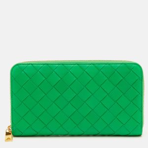 Bottega Veneta Green Intrecciato Leather Zip Around Wallet, Wallets & Money Clips - Luxury Closet