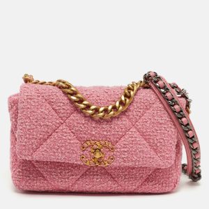 Chanel 19 Small Pink Quilted Tweed Flap Bag, Shoulder Bags - Luxury Closet