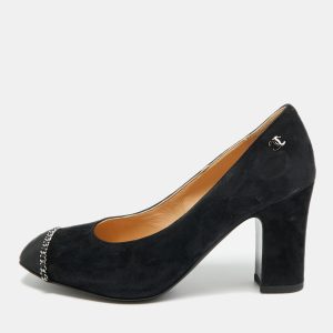 Chanel CC Size 35.5 Black Canvas And Suede Cap Toe Block Heel Pumps, Pumps - Luxury Closet