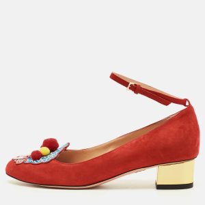 Charlotte Olympia Peking Size 39.5 Red Suede Ankle Strap Pumps, Pumps - Luxury Closet