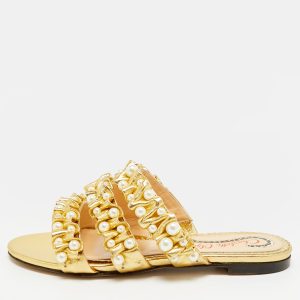 Charlotte Olympia Pearl Embellished Size 35 Gold Pleated Leather Flat Slides, Flats - Luxury Closet