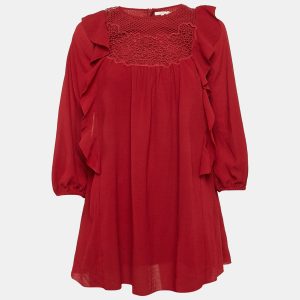 Chloe Red Crepe Ruffled Lace Detail Dress Size 10Yrs, Clothing - Luxury Closet