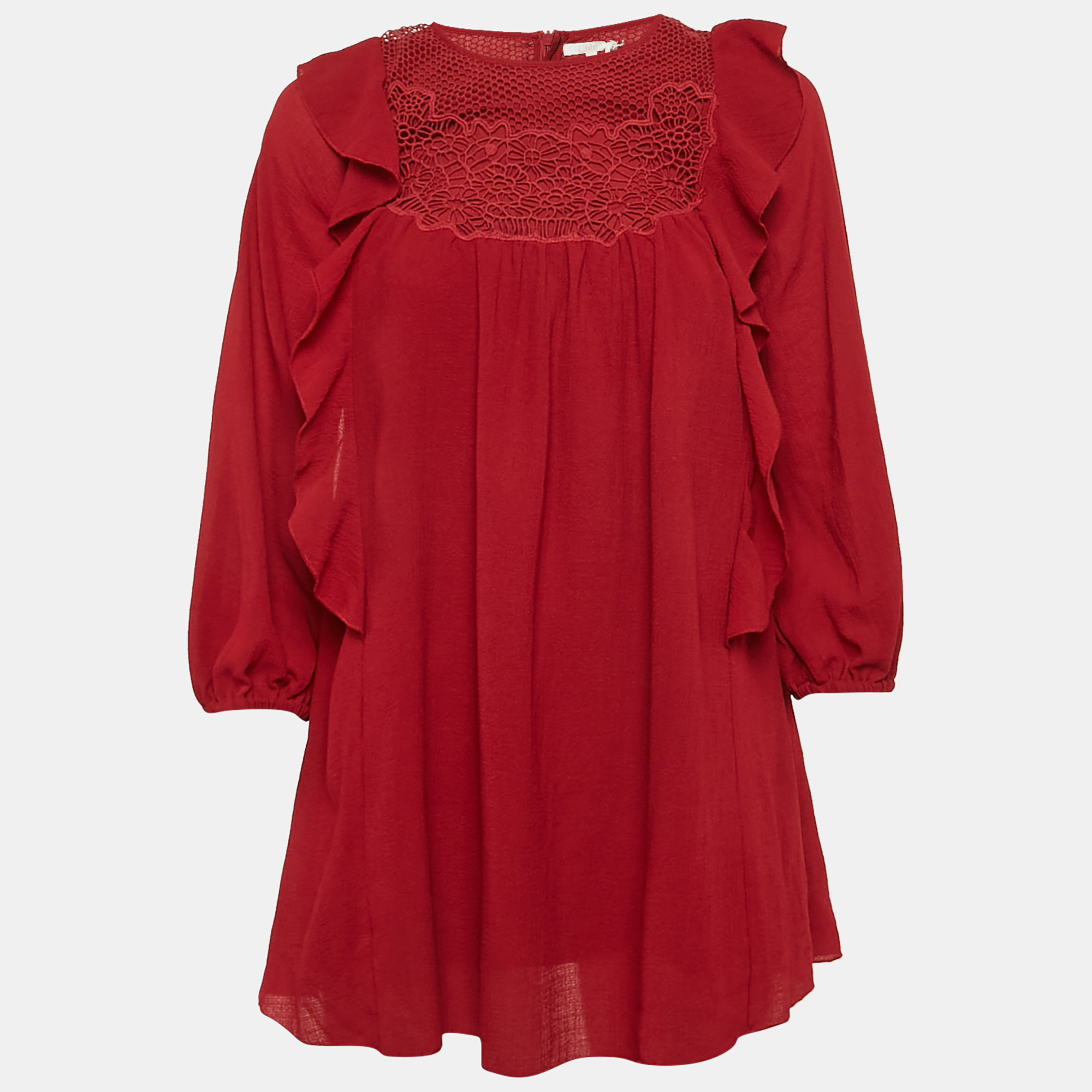 Chloe Red Crepe Ruffled Lace Detail Dress Size 10Yrs, Clothing - Luxury Closet