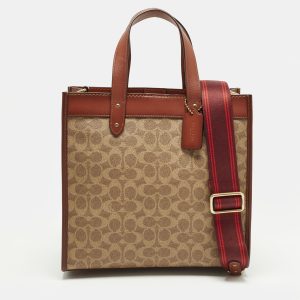 Coach Field Brown/Beige Signature with Horse Carriage Print Coated Canvas and Leather Tote, Tote Handbags - Luxury Closet