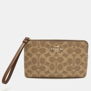 Coach Corner Zip Beige Signature Coated Canvas Wristlet Pouch, Clutches & Special Occasion Bags - Luxury Closet
