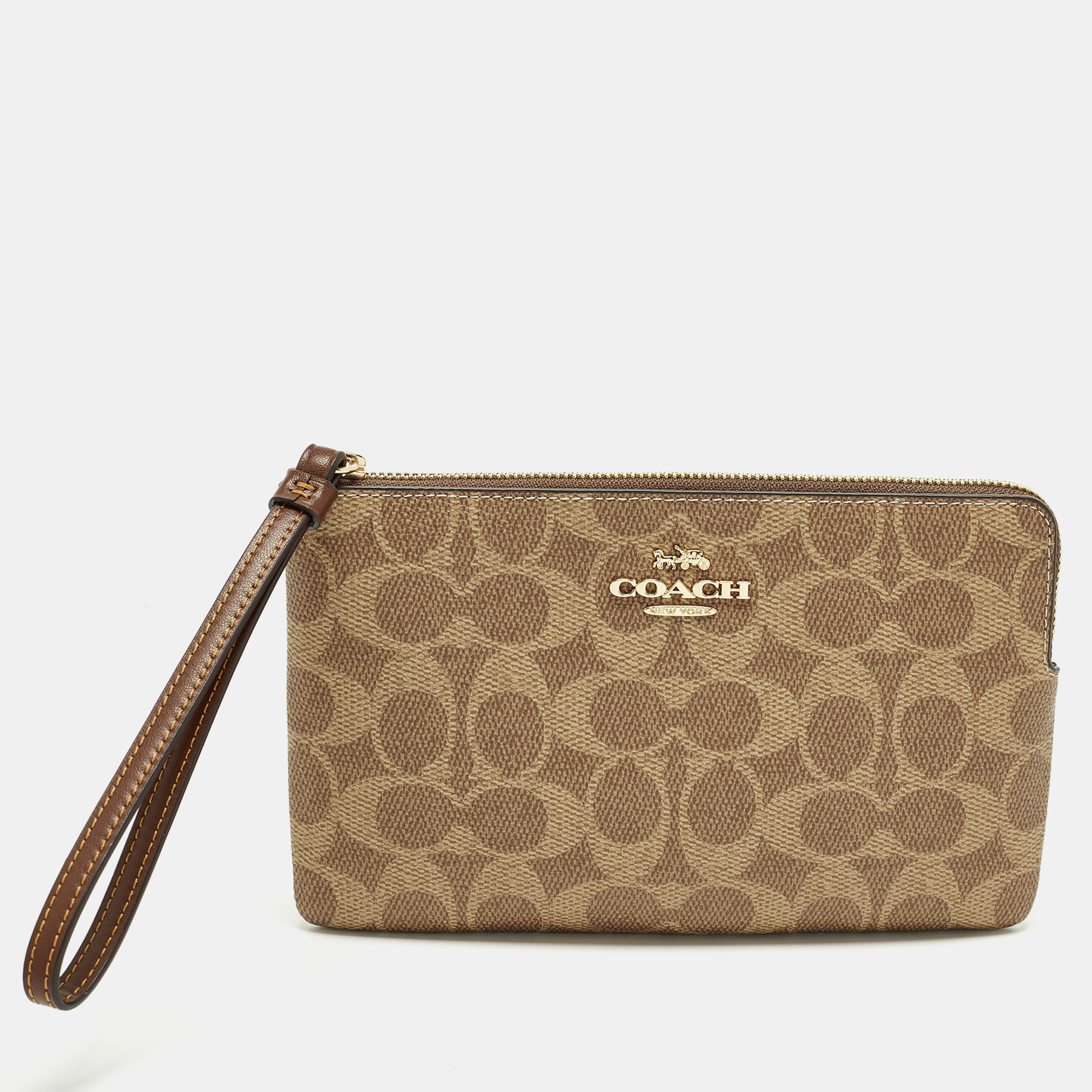 Coach Corner Zip Beige Signature Coated Canvas Wristlet Pouch, Clutches & Special Occasion Bags - Luxury Closet
