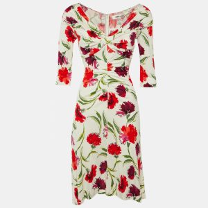 Diane Von Furstenberg White Floral Print Jersey Jim Midi Dress XS, Dresses - Luxury Closet