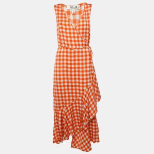 Diane Von Furstenberg Orange Checkered Print Silk Asymmetric Ruffle Detail Dress L, Dresses - Luxury Closet