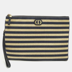 Dior Caro Daily Navy Blue/Beige Canvas and Raffia Pouch, Clutches & Special Occasion Bags - Luxury Closet