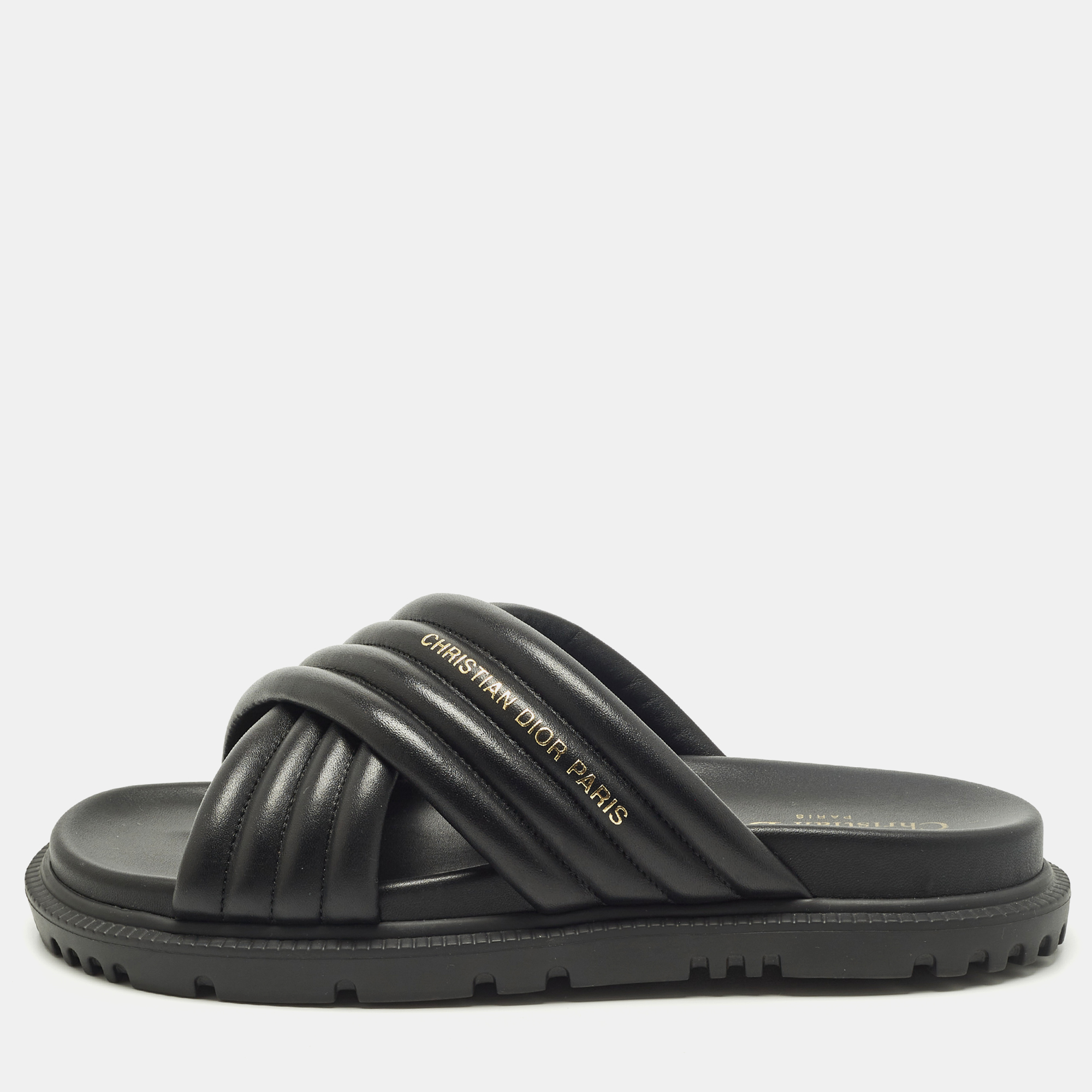 Dior Size 38.5 Black D-Cross Leather Flat Slides, Sandals - Luxury Closet