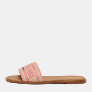 Dior Dway Size 40.5 Pink Embroidered Raffia Flat Slides, Flats - Luxury Closet