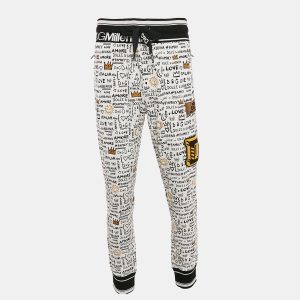 Dolce & Gabbana White Graffiti Print Jersey Cotton Knit Joggers XXL, Pants - Luxury Closet