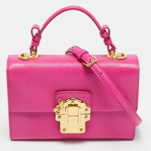 Dolce & Gabbana Pink Lizard Embossed Leather Lucia Top Handle Bag, Satchels - Luxury Closet
