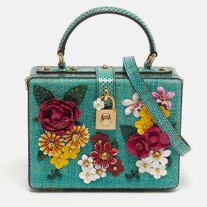 Dolce & Gabbana Flower Applique Dolce Box Green Straw and Snakeskin Bag, Satchels - Luxury Closet