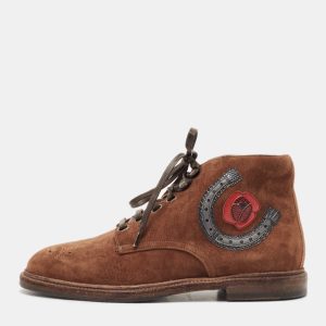 Dolce & Gabbana Brown Suede Embroidered Patch Ankle Boots Size 39, Boots - Luxury Closet