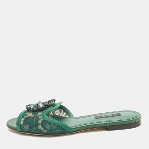Dolce & Gabbana Bianca Size 36 Green Lace and Satin Flat Slide, Sandals - Luxury Closet