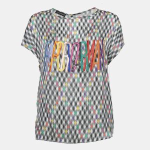Emporio Armani Black Geometric Print Silk Embroidered Top M, Shirts & Tops - Luxury Closet