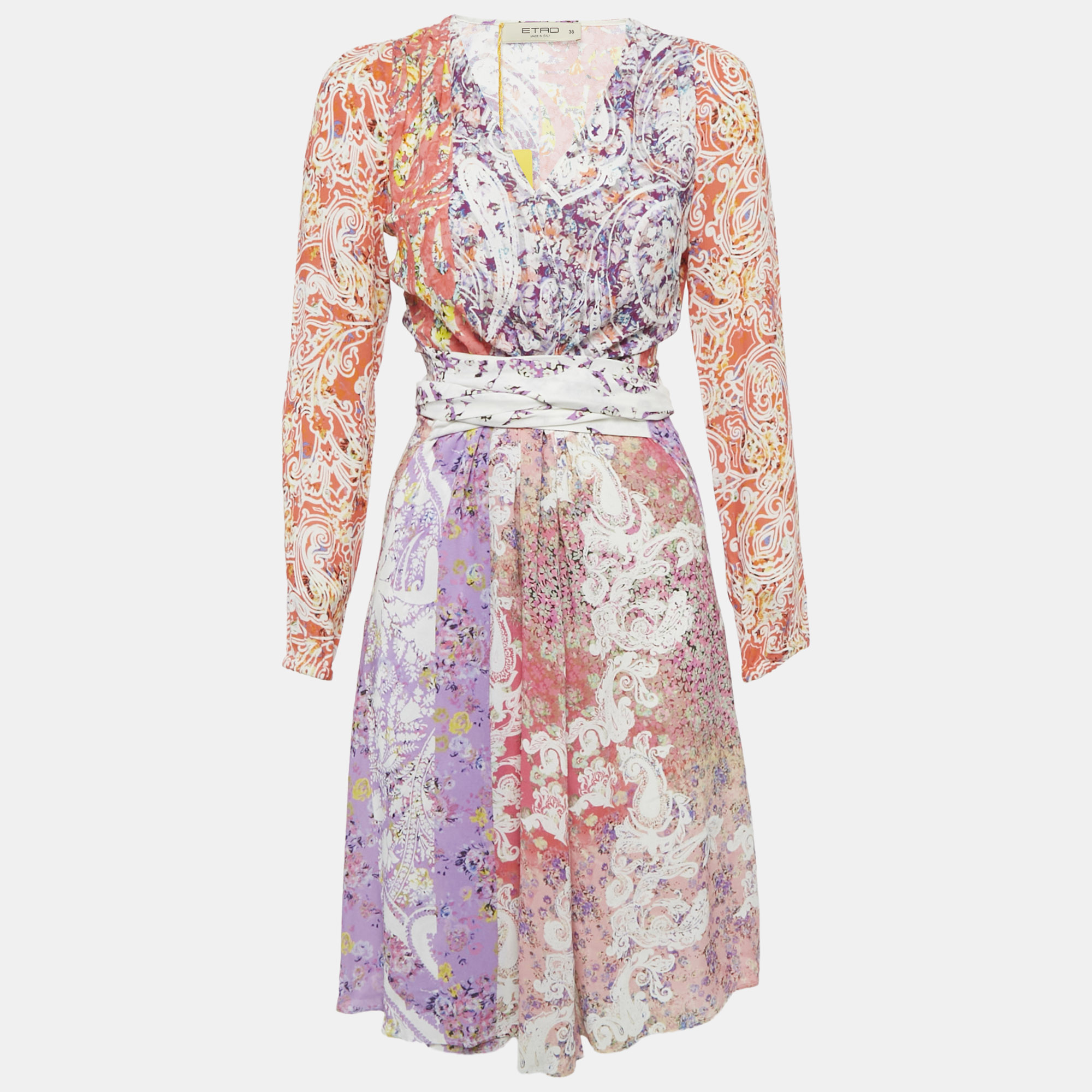 Etro Multicolor Printed Crepe Belted Midi Dress S, Dresses - Luxury Closet