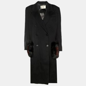 Fendi Black Wool and Fox Fur Trim Double Breasted Midi Coat L, Coats & Jackets - Luxury Closet