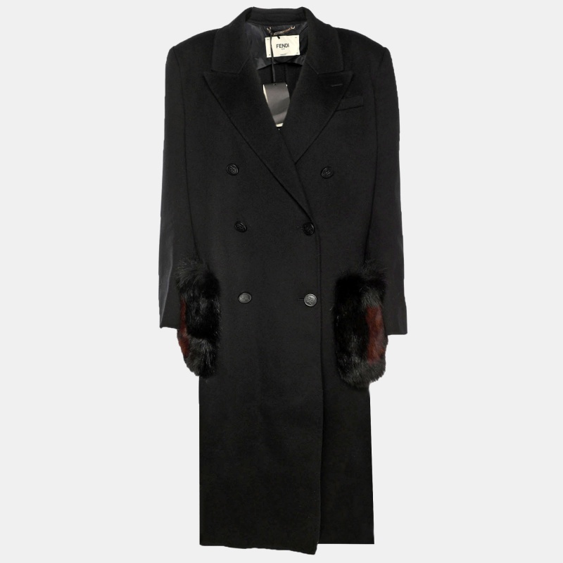 Fendi Black Wool and Fox Fur Trim Double Breasted Midi Coat L, Coats & Jackets - Luxury Closet