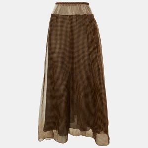 Fendi Brown Check Print Silk Mesh Trim Sheer Maxi Skirt M, Skirts - Luxury Closet