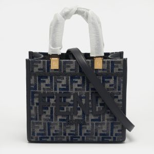 Fendi Sunshine Small Navy Blue FF Woven Fabric and Leather Tote, Tote Handbags - Luxury Closet