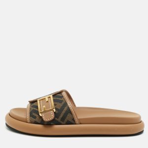 Fendi Feel Size 37 Zucca Brown Canvas and Leather Flat Sandals, Sandals - Luxury Closet