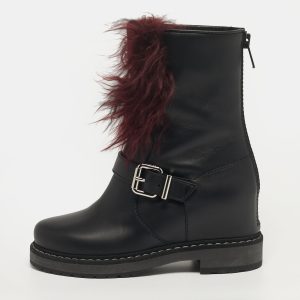 Fendi Caroline Size 35 Black Leather and Fur Combat Boots, Boots - Luxury Closet