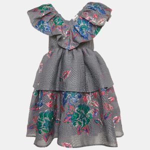 Ganni Grey Lurex Jacquard Tiered Mini Dress XS, Dresses - Luxury Closet