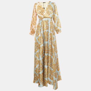 Gianfranco Ferre Blue/Yellow Printed Maxi Crepe Wrap Dress S, Dresses - Luxury Closet