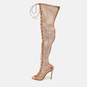 Gianvito Rossi Fishnet Size 37 Beige Leather and Mesh Over The Knee Boots, Boots - Luxury Closet