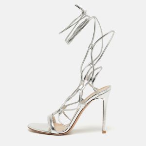 Gianvito Rossi Giza Size 39.5 Silver Leather Ankle Wrap Sandals, Sandals - Luxury Closet