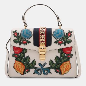 Gucci White Medium Floral Embroidered Leather Sylvie Top Handle Bag, Satchels - Luxury Closet