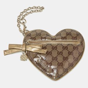 Gucci Heart Beige/Gold GG Crystal Canvas and Leather Pouch, Clutches & Special Occasion Bags - Luxury Closet