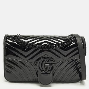 Gucci GG Marmont Medium Black Matelass&eacute; Patent Leather Shoulder Bag, Shoulder Bags - Luxury Closet
