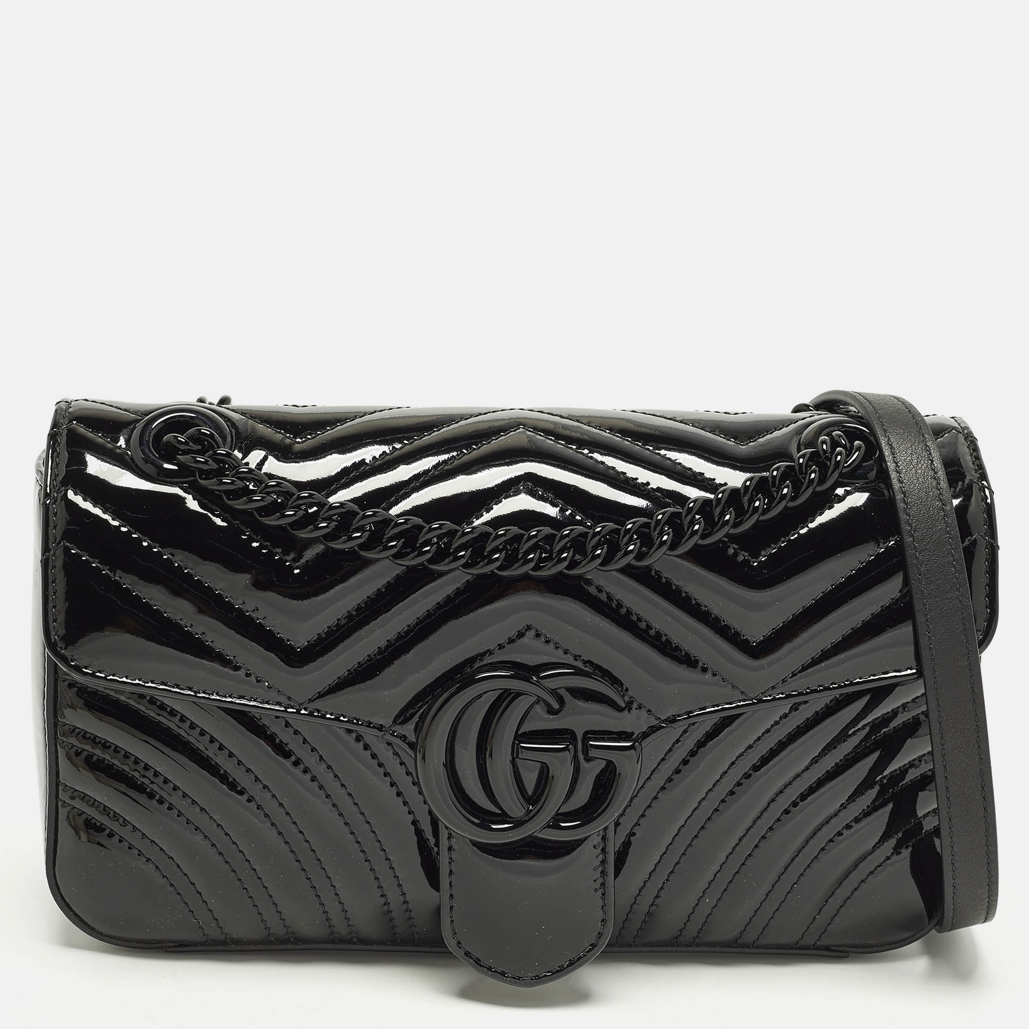Gucci GG Marmont Medium Black Matelassé Patent Leather Shoulder Bag, Shoulder Bags - Luxury Closet